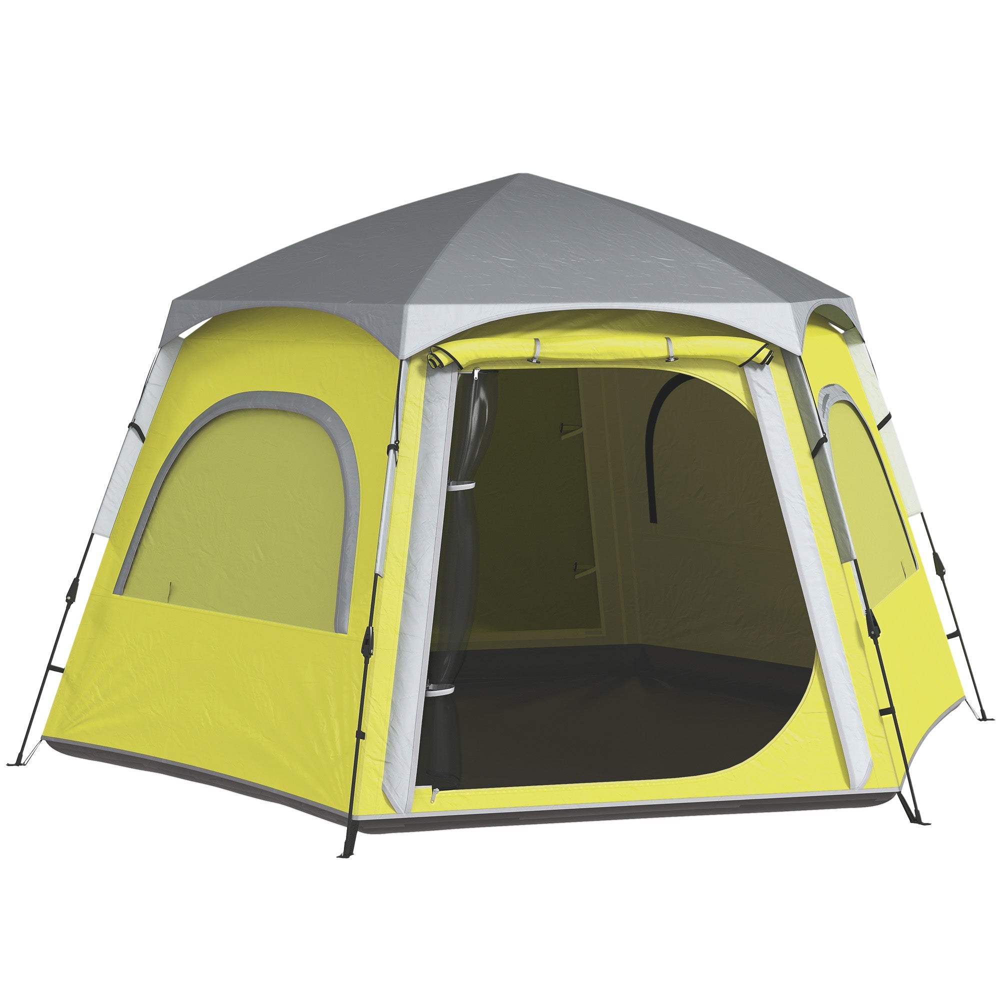 Outsunny Instant Camping Tent, 2/3/4 Person Easy Setup Family Tent with Vestibule, Rainfly, 4 Mesh Windows & 2 Doors, Hexagonal Design, Waterproof UV Protected Dome Tent, Yellow Green 