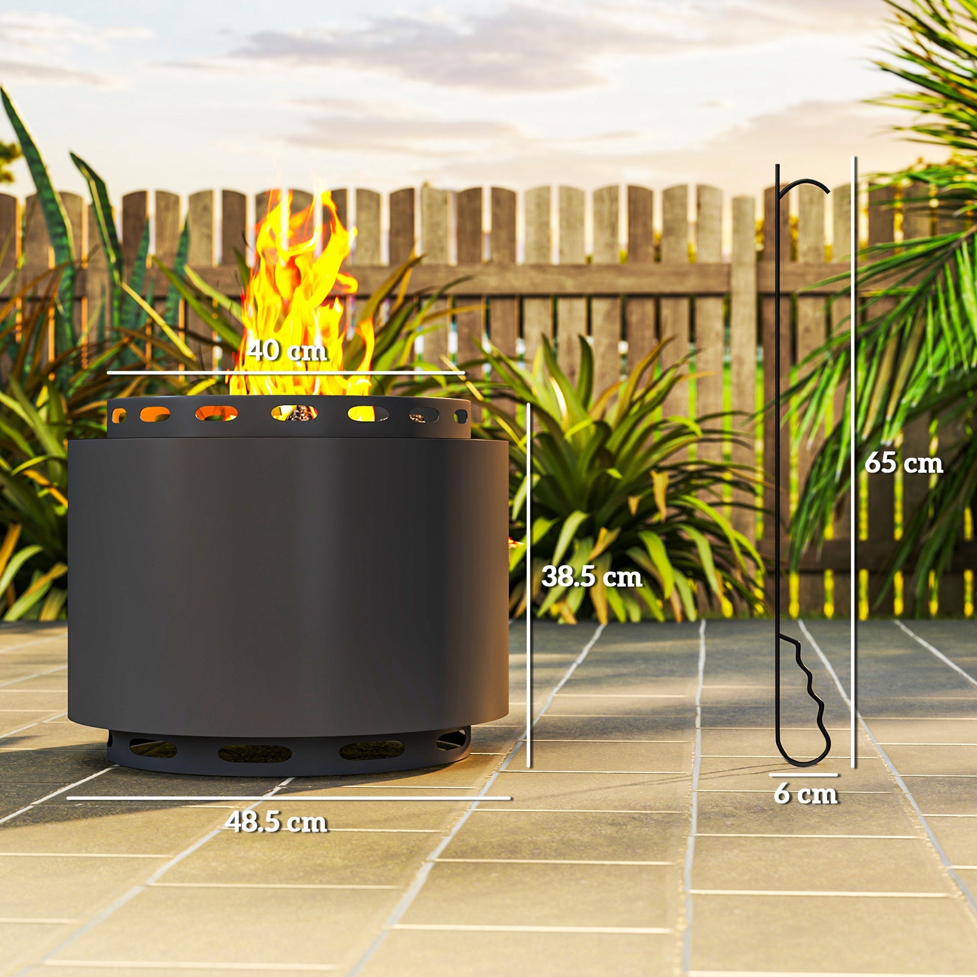 Outsunny Smokeless Fire Pit, 48.5cm Portable Wood Burning Firepit with Poker for Garden Camping Bonfire Party, Metal, Dark Grey 