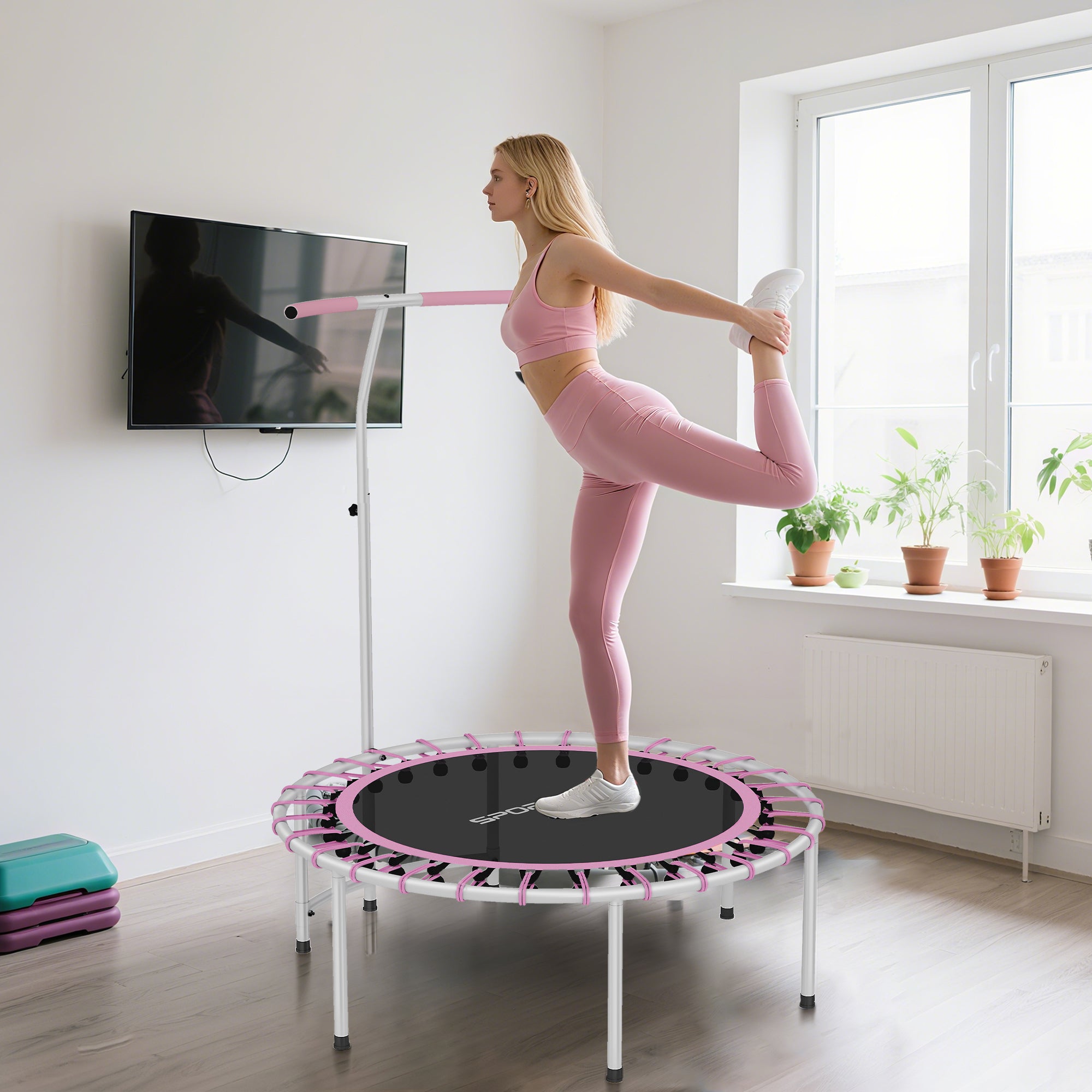 SPORTNOW 40" Fitness Trampoline, Mini Rebounder Trampoline for Adults with 5-Level Adjustable Handle, Indoor Exercise Bungee Rebounder, Max Load 100KG, Purple