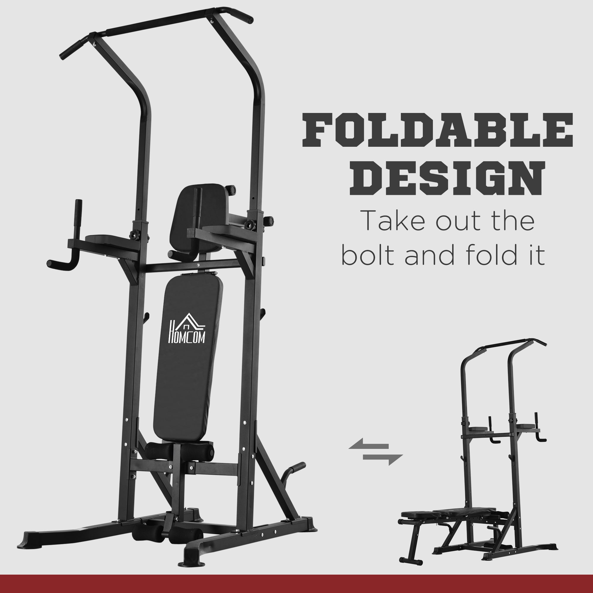 HOMCOM Pull Up Station with Adjustable Weight Bench, Dip Station and Barbell Rack, Multi-Function Power Tower Free Standing Pull Up Bar for Home Gym 