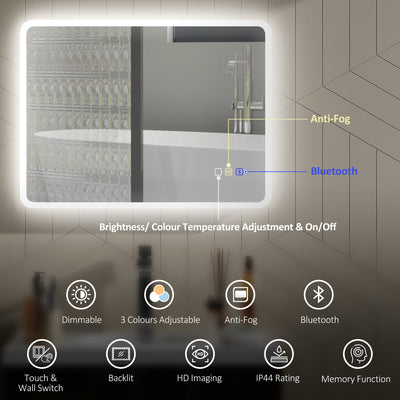 HOMCOM 60 x 80 cm Backlit Illuminated Bathroom Mirror with LED Lights and Bluetooth - Silver Tone 
