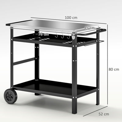 Outsunny BBQ Trolley with Stainless Steel Top Adjustable Shelf, Outdoor Kitchen BBQ Station with Hooks Seasoning Tray Towel Rack, Pizza Oven Table Movable Outdoor Grill Dining Cart with Cover, Black 