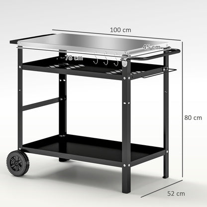 Outsunny BBQ Trolley with Stainless Steel Top Adjustable Shelf, Outdoor Kitchen BBQ Station with Hooks Seasoning Tray Towel Rack, Pizza Oven Table Movable Outdoor Grill Dining Cart with Cover, Black 