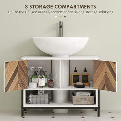 HOMCOM Under Sink Bathroom Cabinet, Rustic Under Sink Cabinet with Herringbone Doors and Open Compartment for Basin with or without Pedestal, 80 x 40 x 60cm, Cream White 