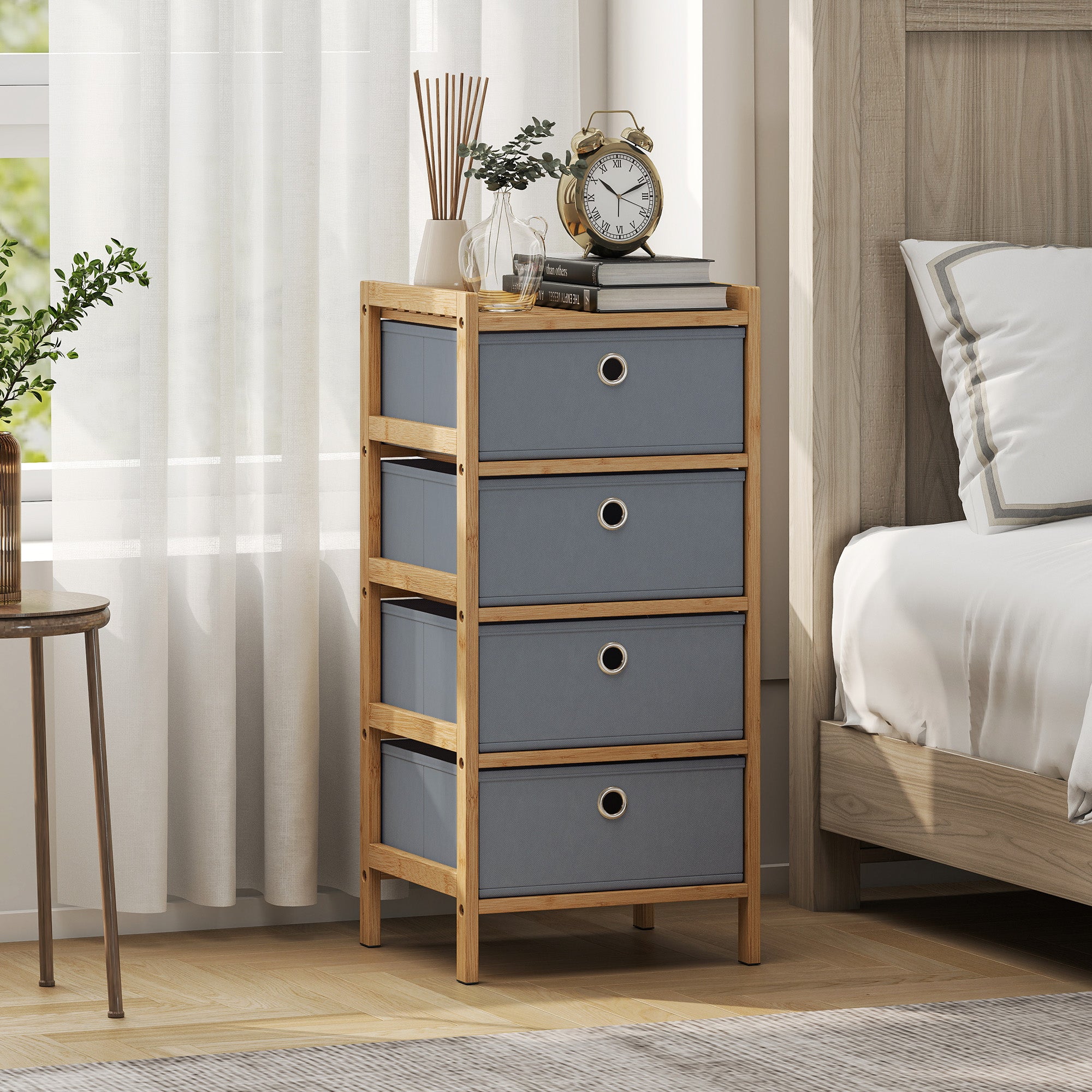 HOMCOM Chest of Drawers, 4 Fabric Drawers Narrow Dresser with Bamboo Frame, Light Grey 