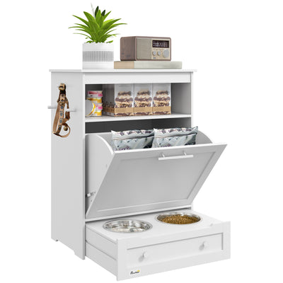 PawHut Pet Feeder Station, Dog, Cat Storage Container, with Raised Bowls, Hanger, Cabinet - White 