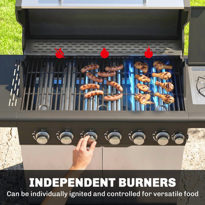 Outsunny 6+1 Burner Gas BBQ Grill, Outdoor Barbecue Trolley with Wheels, Warming Rack, Thermometer, Bottle Opener, Silver Tone 