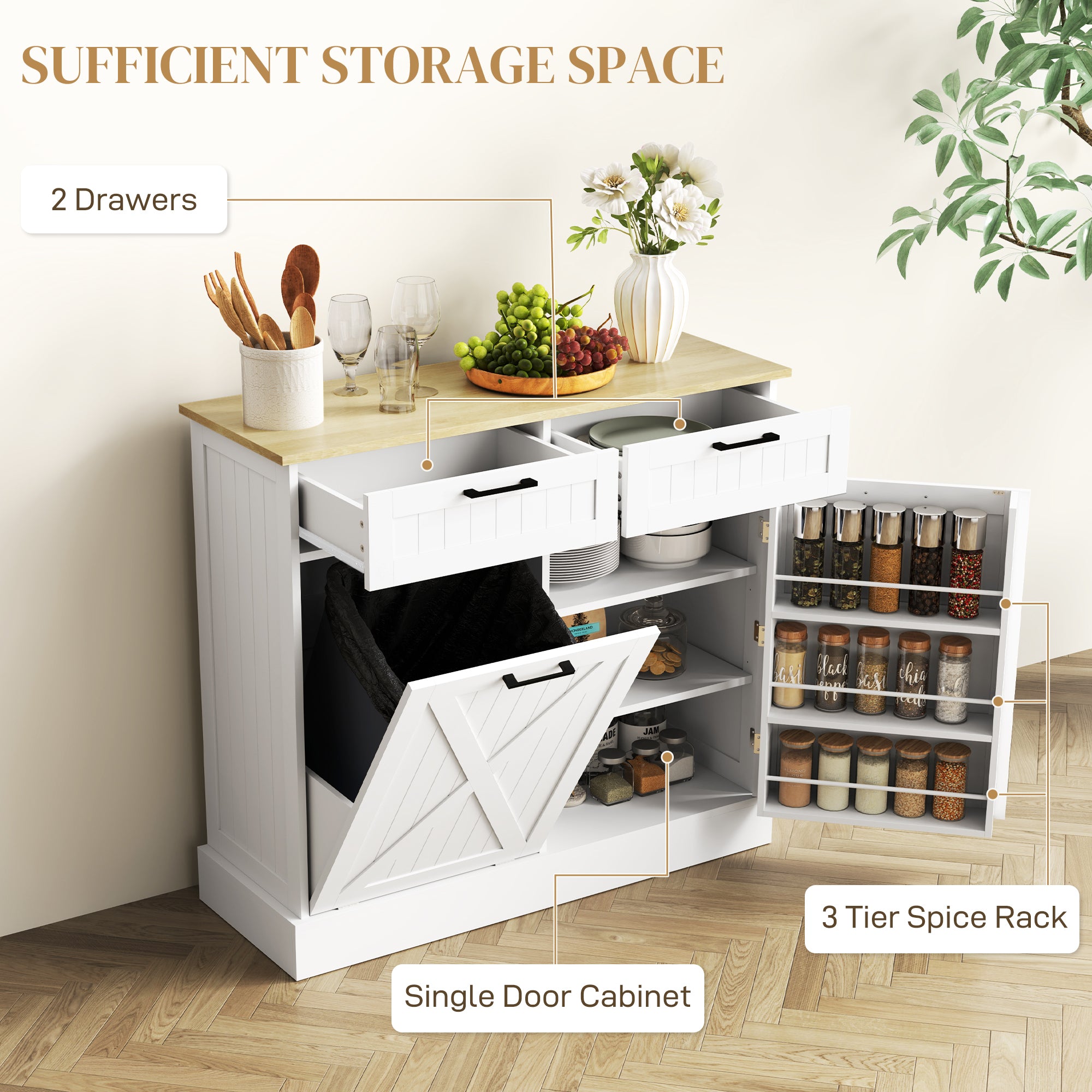 HOMCOM Sideboard with Tilt-out Trash Bin, Farmhouse Kitchen Sideboard with 2 Drawers, Adjustable Shelves, Door Racks, White 