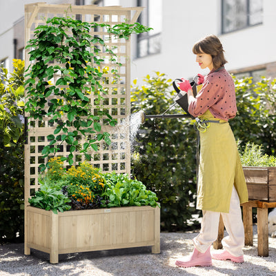 Outsunny Raised Bed with Drainage Holes, Wood Planter with Trellis for Climbing Plants to Grow Vegetables, Flowers, Natural 
