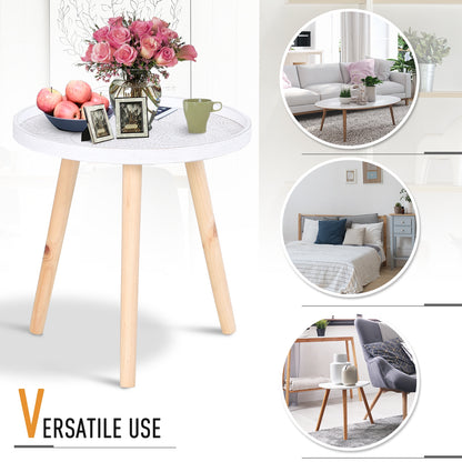 HOMCOM Coffee Table, Carved Floral Round Table with Tray-style Top and Wood Legs, Modern Side Table for Living Room, White 