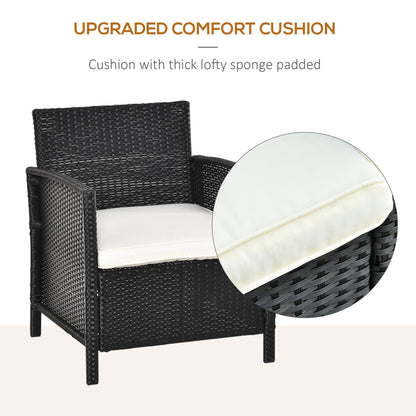 Outsunny 2-Seater PE Rattan Side Table & Armchair Bistro Set Jack and Jill Seat w/ Pillows Black 