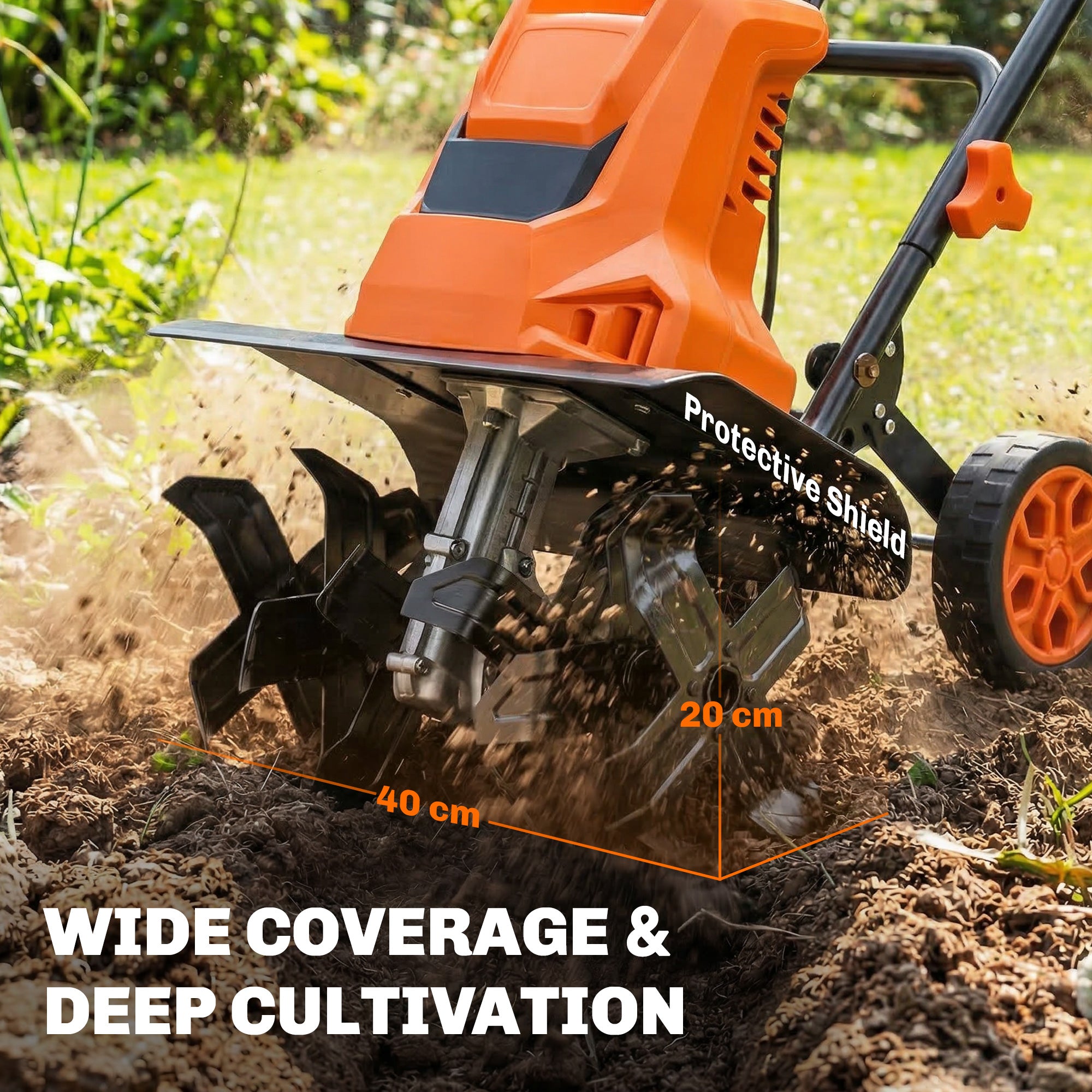 Outsunny 1500W Electric Garden Tiller w/Foldable Handle, 40cm Working Width, 20cm Tilling Depth, 6 Blades, 2 Adjustable Wheels 