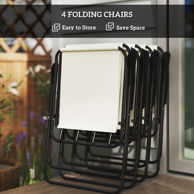 Outsunny 4 Seater Garden Furniture Set, 6 Pieces Garden Table and Chairs with Parasol, Outdoor Garden Dining Set with Folding Chairs and Round Glass Top Table for Patio, Cream White 