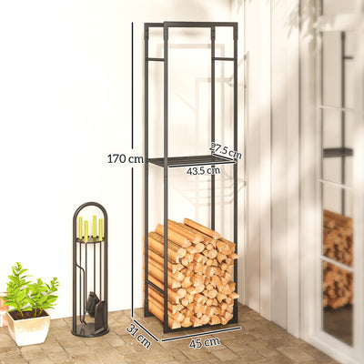 Outsunny Metal Firewood Log Holder, Heavy Duty Firewood Rack with Adjustable Shelf, Indoor Outdoor Fireplace Wood Storage Shelf, 45 x 31 x 170 cm, Black 