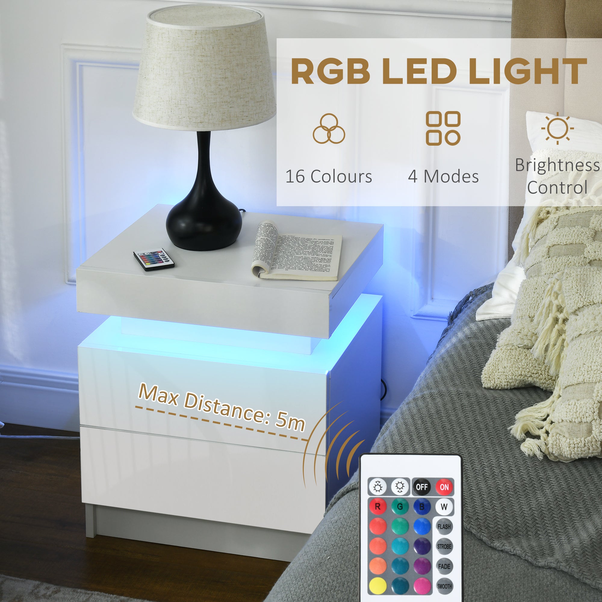 HOMCOM White Bedside Table with LED Light, High Gloss Front Nightstand with 2 Drawers, for Living Room, Bedroom 