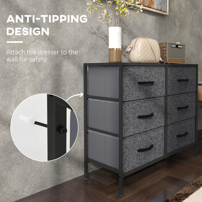HOMCOM Fabric Chest of Drawers, Storage Drawers, Industrial Bedroom Dresser with 6 Fabric Drawers, Steel Frame and Wooden Top for Nursery, Living Room, Hallway, Black 