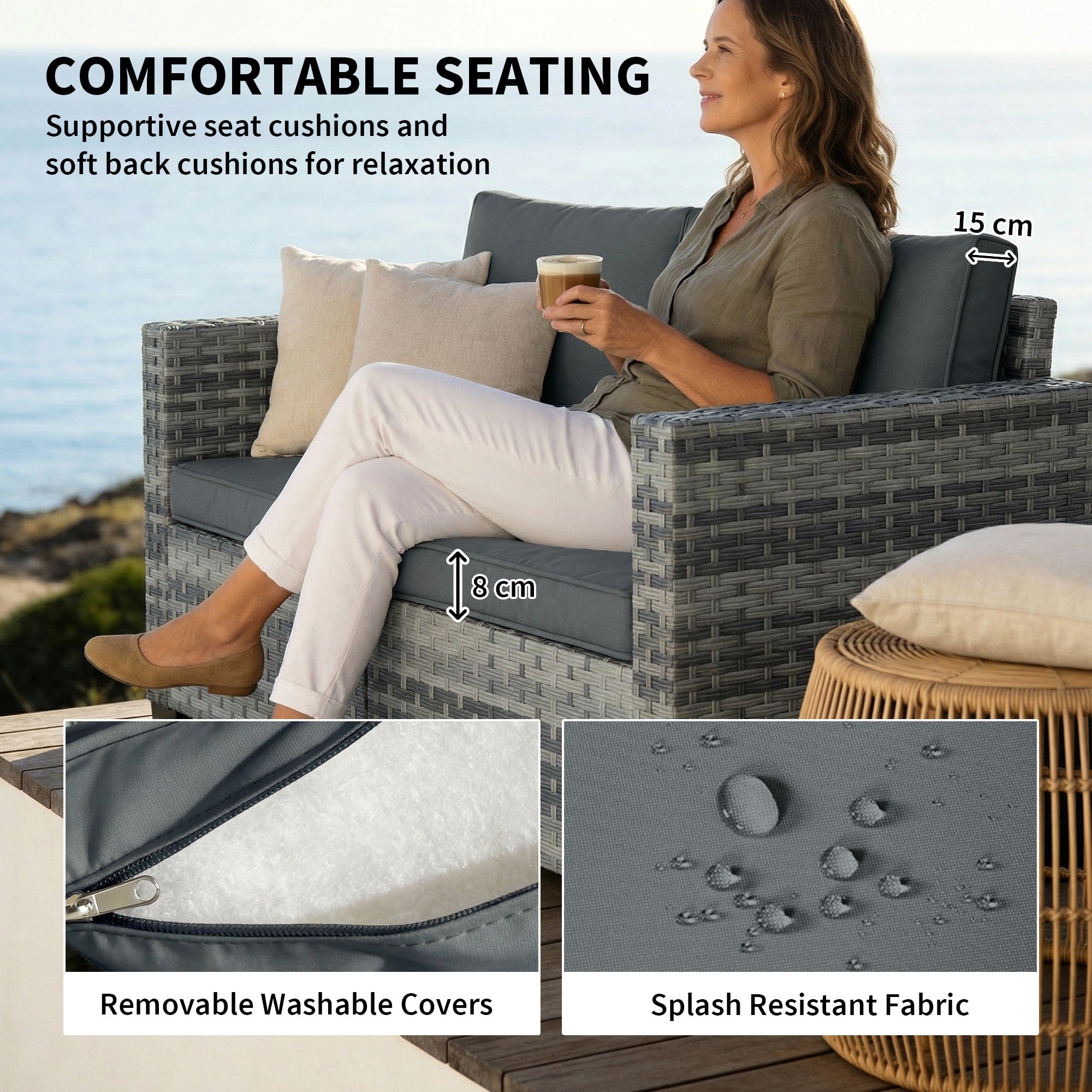 Outsunny 2 Seater Rattan Sofa, Outdoor Garden Sofa with Deep Seat, Cushions, Wide Armrests for Patio, Balcony, Porch, Mixed Grey 