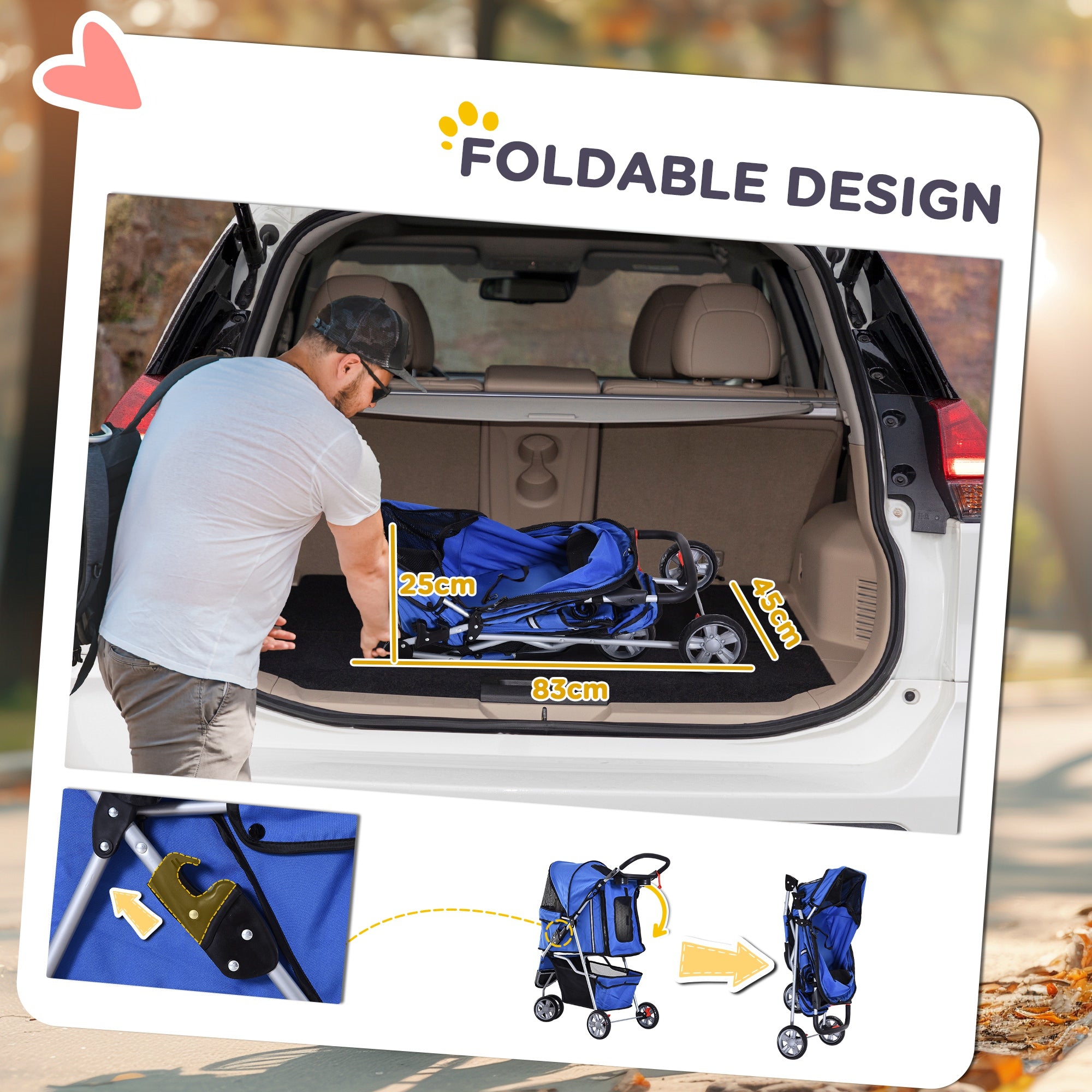 PawHut Dog Stroller, 3 Wheels Foldable Cat Dog Pram with Cup Holder, Storage Basket, Pet Stroller for Small Miniature Dogs, Blue 