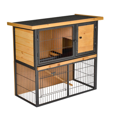 PawHut Guinea Pig Hutch Rabbit Hutch Wood-metal Elevated Pet House Bunny Cage with No-Leak Tray Ramp Openable Roof Outdoor 89.5 x 45 x 81cm Light Yellow 