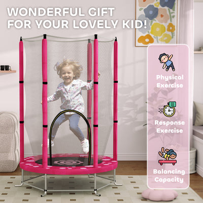 AIYAPLAY 4.6FT Toddler Trampoline w/ Safety Enclosure Net, for Indoor Outdoor Use, Ages 3-6 Years, Sun Pattern - Pink 