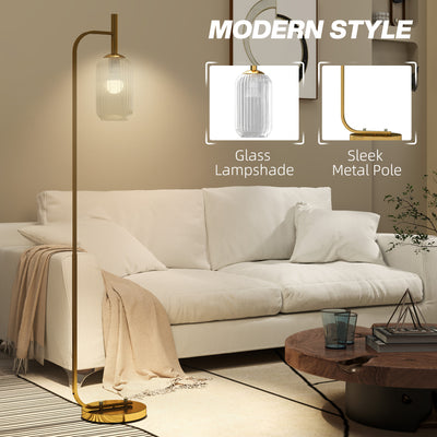HOMCOM LED Floor Lamp for Living Room with Glass Lampshade, Modern Standing Lamp with Foot Switch, Adjustable Brightness, 2700K for Bedroom, Gold Tone 
