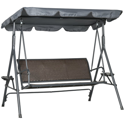 Outsunny 3 Seater Swing Chair, Garden Swing Seat Bench with Adjustable Canopy, Rattan Seat, and Steel Frame for Patio, Yard 