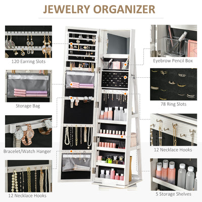 HOMCOM 360° Swivel Jewellery Cabinet, Mirror Armoire, Full Length Mirror, Lockable Jewellery Organiser with Built-In Small Mirror, White 