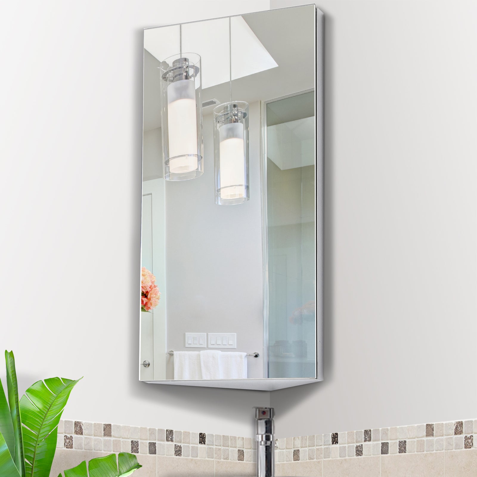 HOMCOM Stainless Steel Wall mounted Bathroom Corner Mirror Storage Cabinet Single Door 300mm (W) 