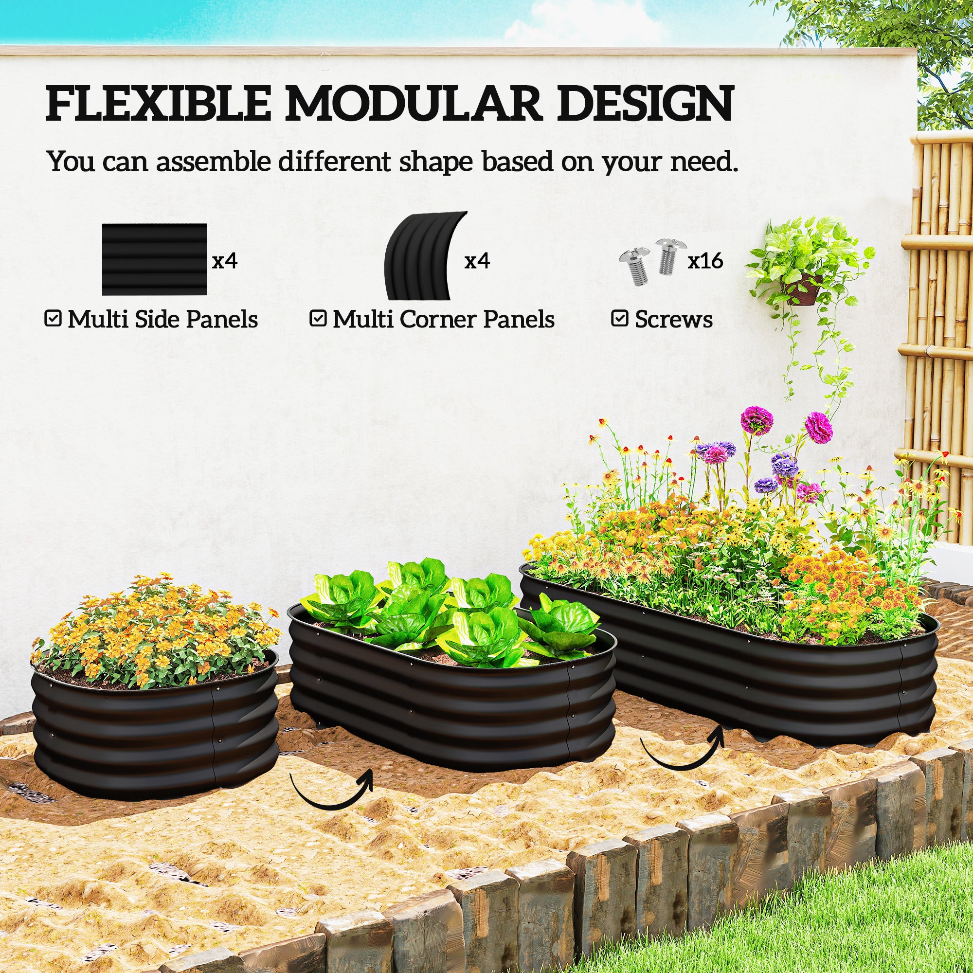 Outsunny Galvanised Raised Garden Bed, Metal Planter Box with Safety Edging, for Flowers, Herbs, Succulents, Black 