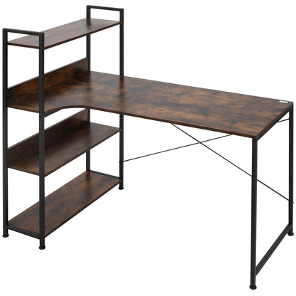 HOMCOM Computer Desk with Storage Shelves 120 CM Corner Desk, Computer Desk Writing Table with Metal Frame for Home Office Small Space, Rustic Brown 
