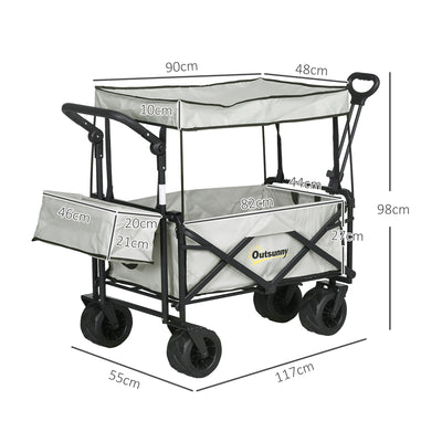 Outsunny Folding Trolley Cart Storage Wagon Beach Trailer 4 Wheels with Handle Overhead Canopy Cart Push Pull for Camping, Grey 