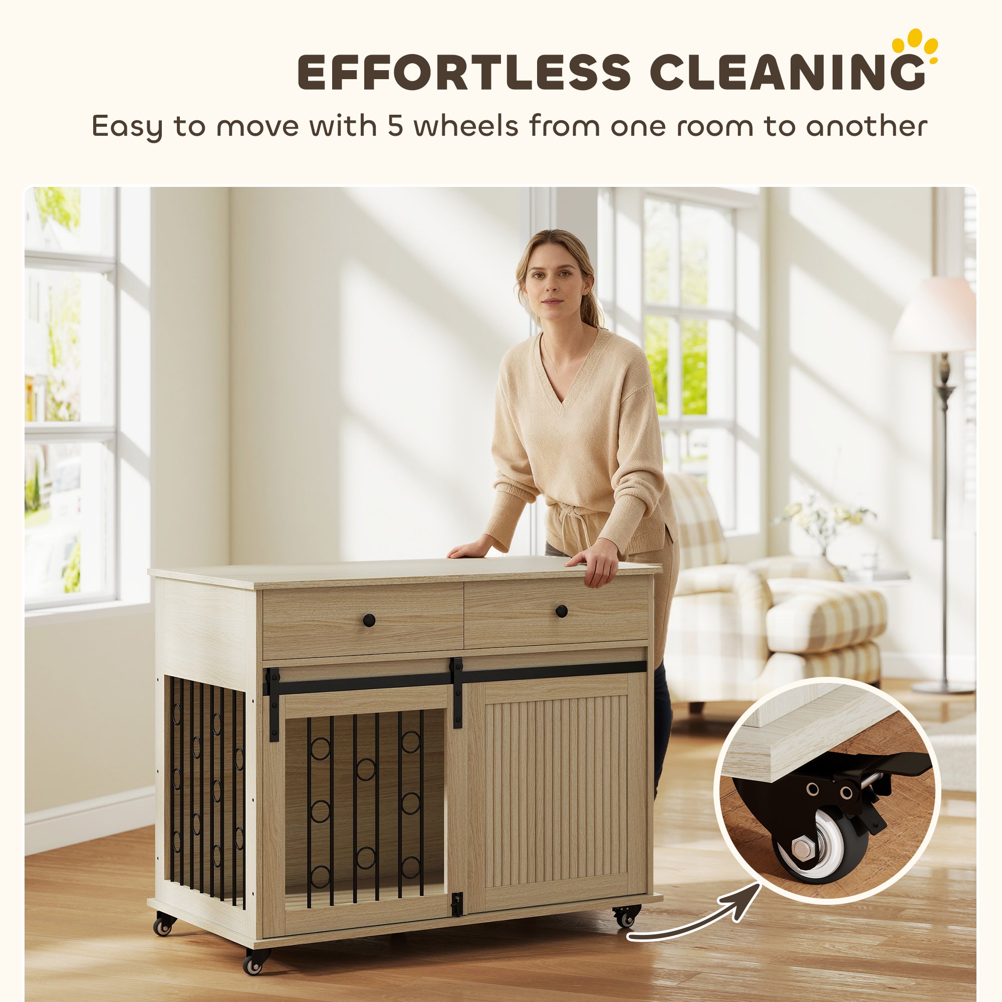 PawHut Dog Crate Furniture on Wheels, Dog Cage with 2 Drawers, Sliding Door, for Medium Large Dogs, Oak Tone 