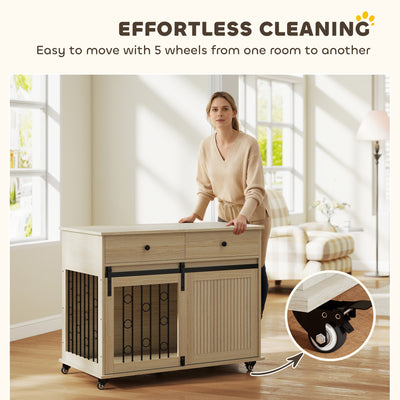 PawHut Dog Crate Furniture on Wheels, Dog Cage with 2 Drawers, Sliding Door, for Medium Large Dogs, Oak Tone 