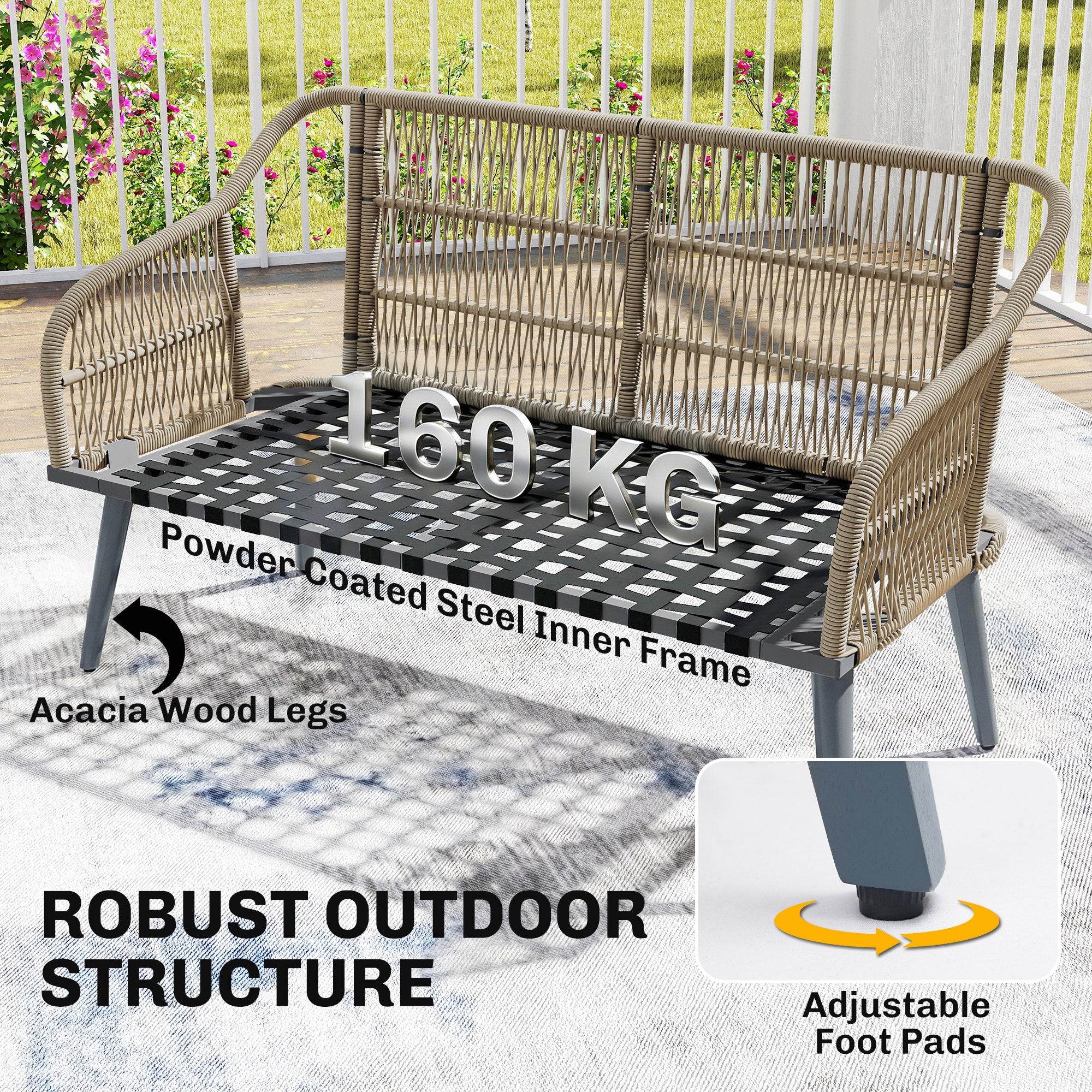 Outsunny 4 Piece Rattan Garden Furniture Set with Loveseat, Armchairs, Wood Table, Wicker Patio Conversation Set, Grey 