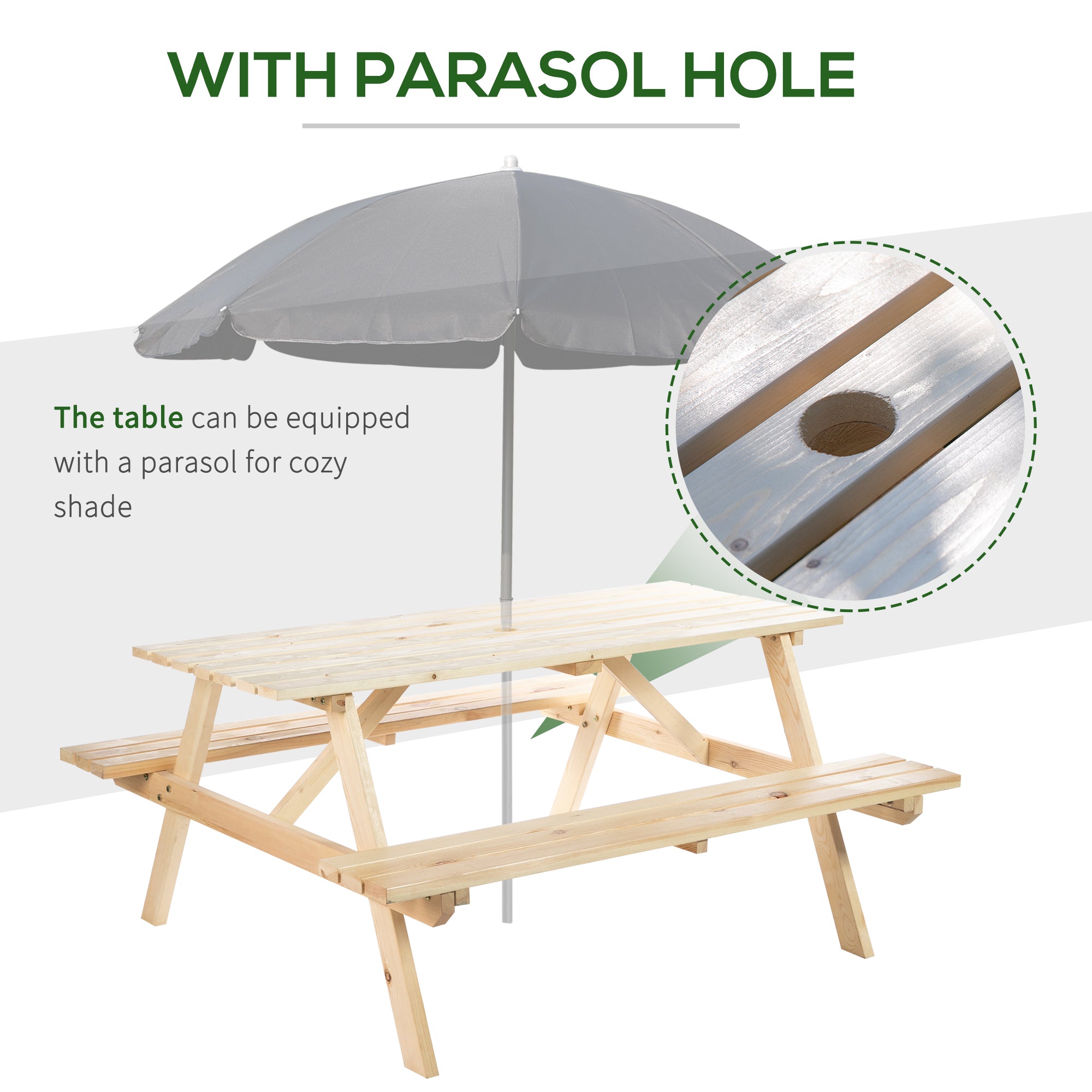 Outsunny 4 Seater Wooden Picnic Table Bench for Outdoor Garden or Patio with Parasol Cutout 150 cm Natural 