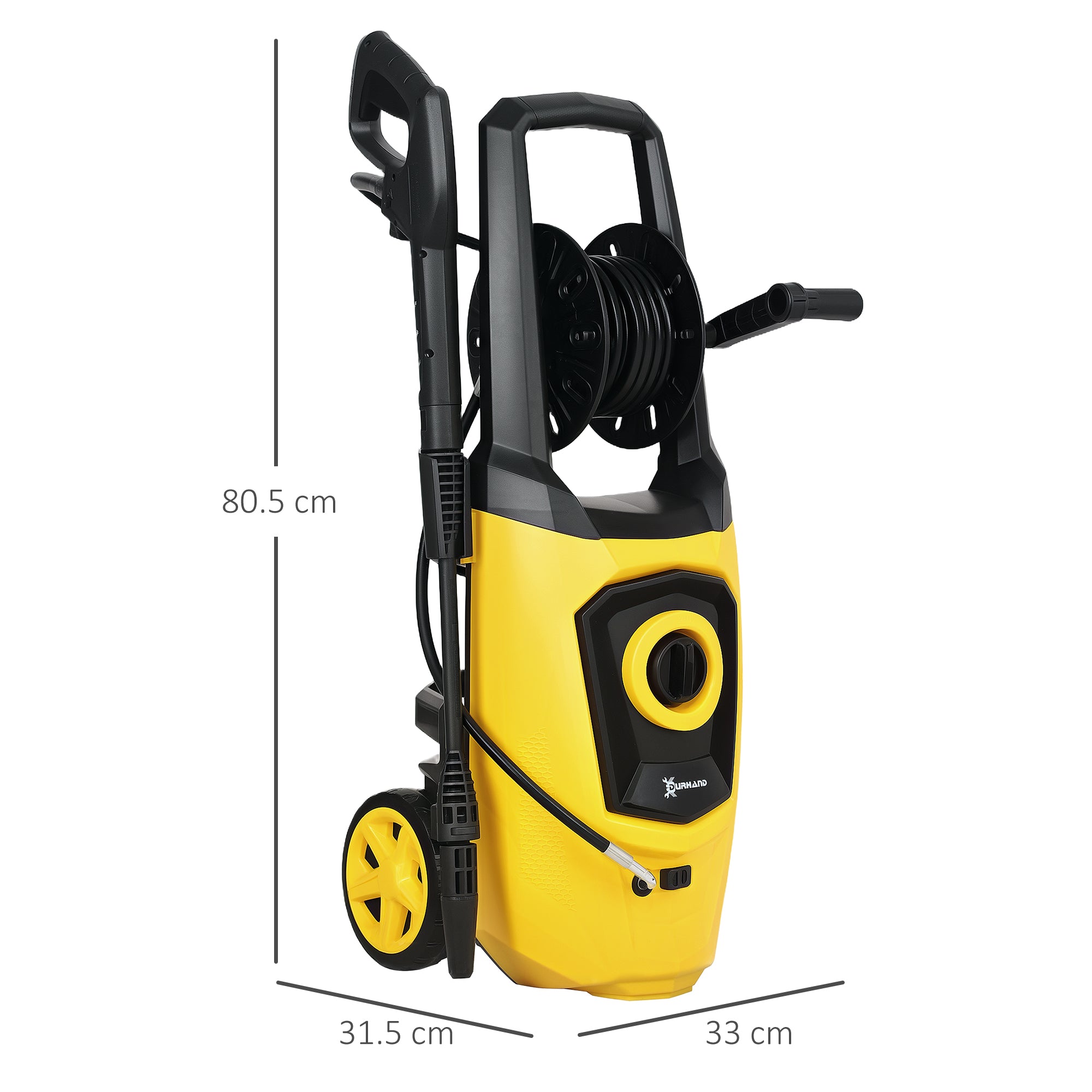 DURHAND 1800W High\'c2\'a0Pressure\'c2\'a0Washer, 150 Bar Pressure, 510 L/h Flow, High-Performance Portable Power Washer Jet Wash Cleaner with 6M Hose and Hose Reel for Garden, Car, Furniture, Yellow