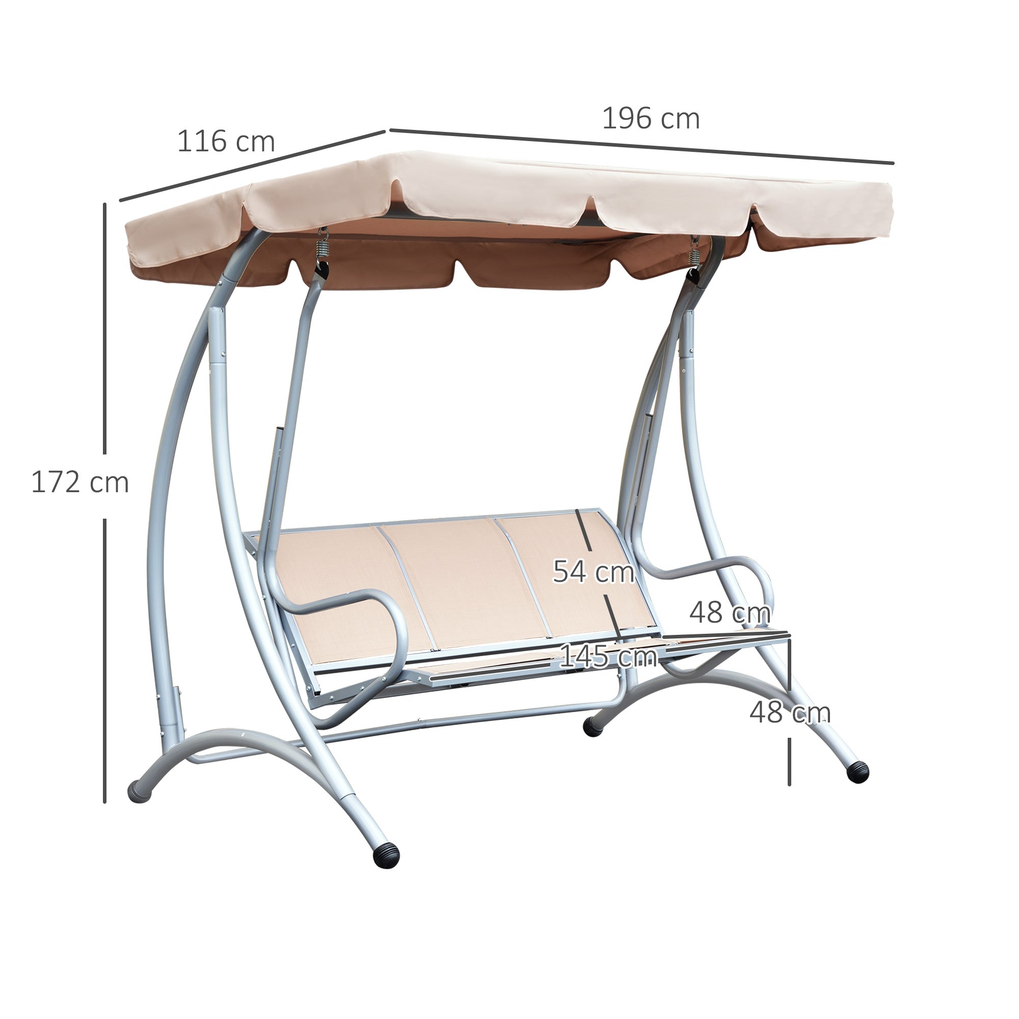 Outsunny 3 Seater Garden Swing Seat Bench Steel Swing Chair with Adjustable Canopy for Outdoor Patio Porch - Beige 
