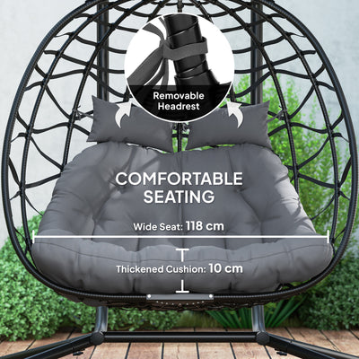Outsunny Rattan Double Hanging Egg Chair with Canopy, Foldable Wicker Swing Egg Chair with Cushion, Head Pillows, Stand, Steel Frame, Hammock Chair for Indoor Outdoor, Capacity 260 kg, Black 