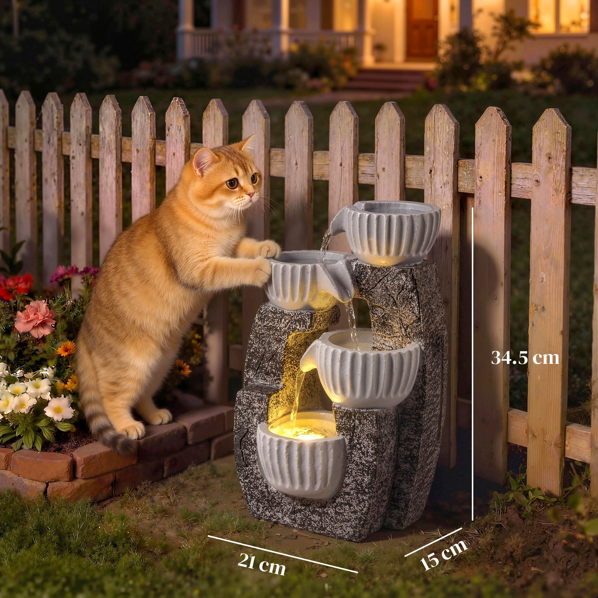 Outsunny 4-Tier Bowl Water Feature, Indoor Outdoor Garden Water Fountain with Pump and LED Lights, Resin Cascading Waterfall 