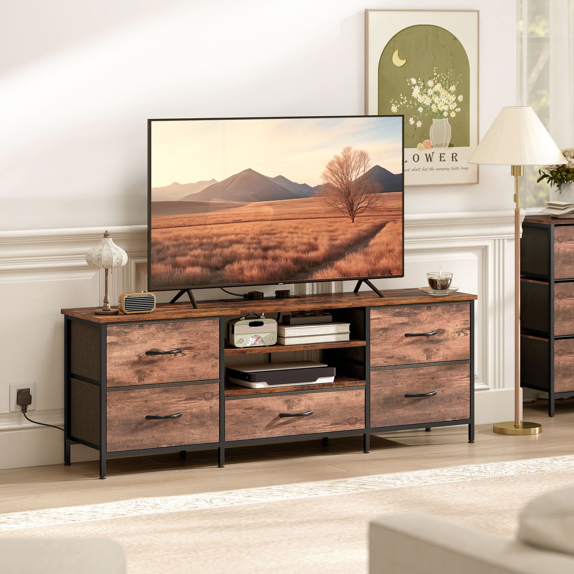 HOMCOM Multi-Storage Industrial TV Stand - Brown/Grey/Black 