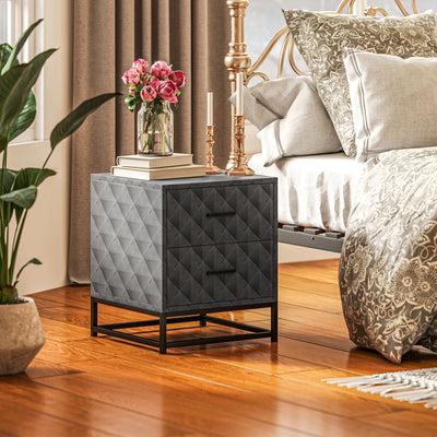 HOMCOM Bedside Tables Set of 2, Modern Bedside Table Nightstand with 2 Drawers, Bedside Cabinet Sofa Side Table with Storage, Steel Legs for Bedroom, Living Room, Grey 