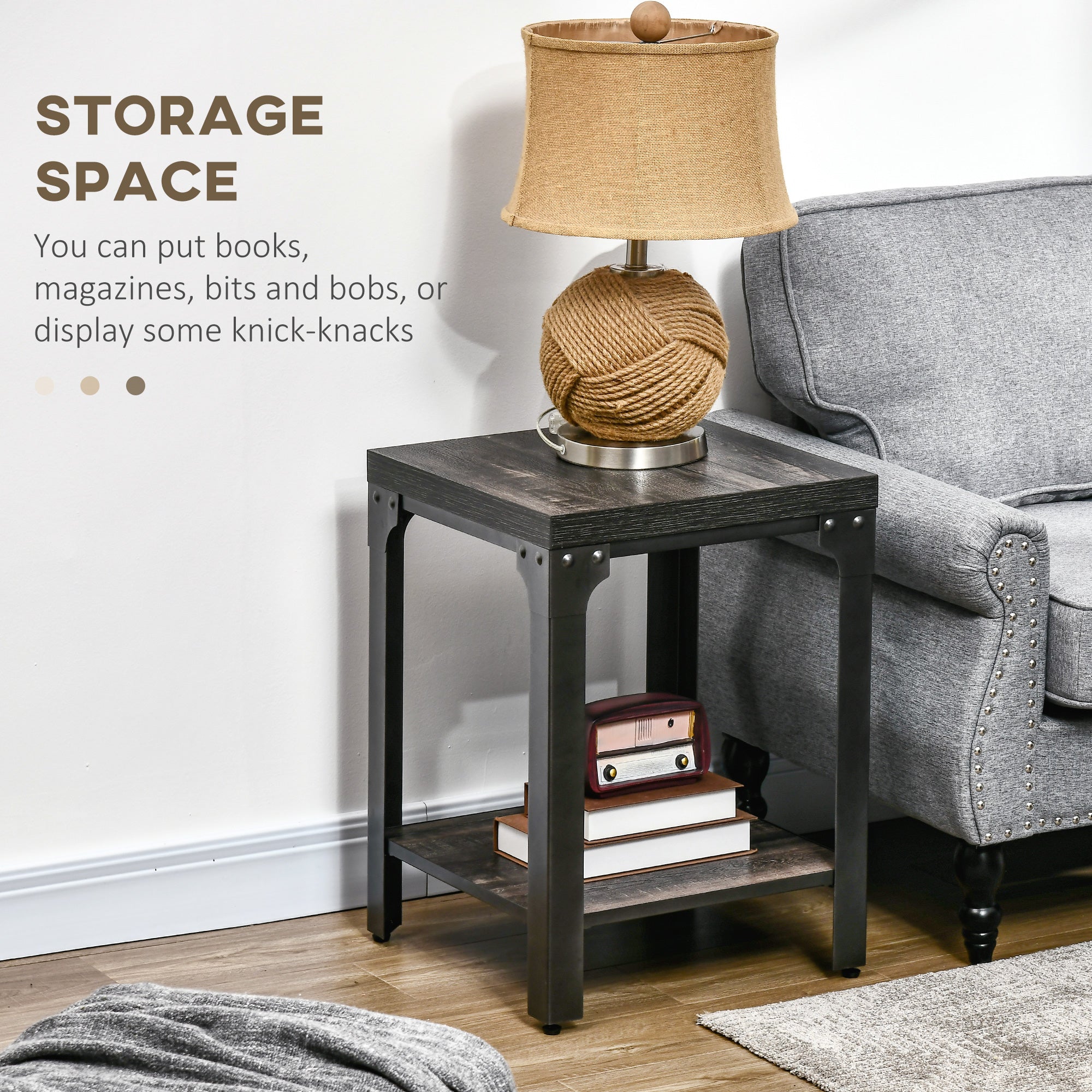 HOMCOM Industrial Side Table Set of 2 with Storage Shelf, Bedside Tables with Steel Frame and Thickened Top, Living Room Bedroom, Dark Walnut 