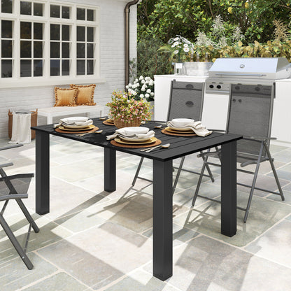 Outsunny Garden Table with Parasol Hole for 6 Person, Rectangle Outdoor Dining Table with Slatted Metal Tabletop, Steel Frame for Patio, Balcony, 150 x 90 x 73 cm, Black 