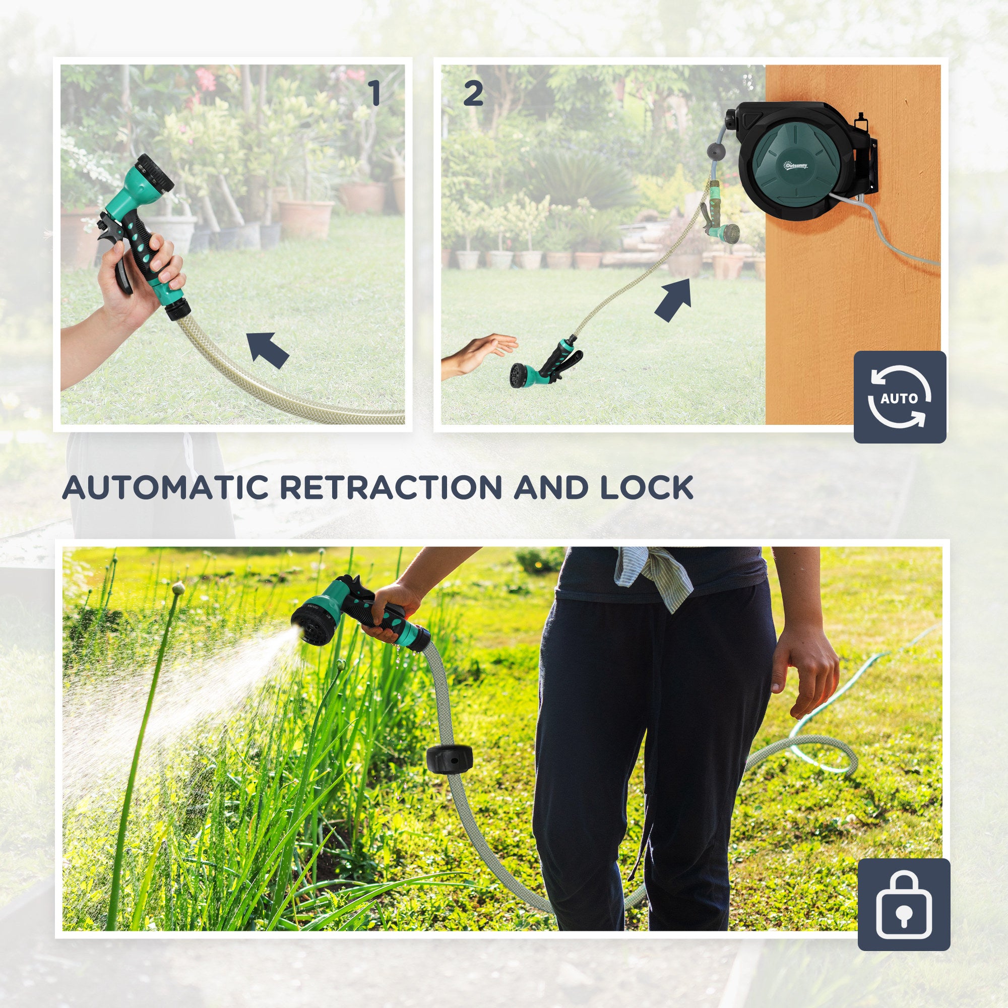Outsunny Retractable Hose Reel Wall Mounted, 30+2m Garden Hose Pipe Reel with Lock, Auto Rewind, 7 in 1 Spray Nozzle, Includes Wall Fixings, 180° Swivel, Outdoor Watering, 59 x 23 x 42 cm, Green 