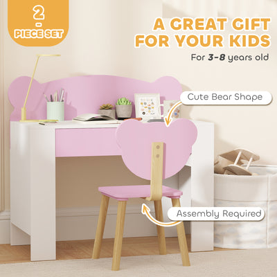 AIYAPLAY Kids Desk and Chair Set with Drawer for Drawing, Reading, Bear Theme Children Furniture for Bedroom, Daycare, Pink 