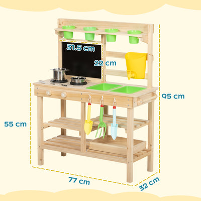 AIYAPLAY Kids Mud Kitchen, Outdoor Wooden Play Kitchen with Kitchenware & Garden Tools, Pretend Play Outdoor Toys, Natural 
