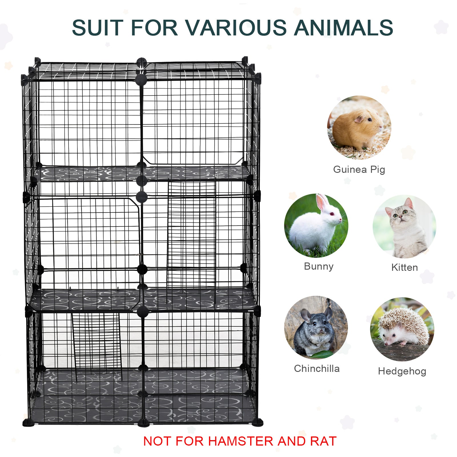 PawHut Pet Playpen DIY Small Animal Cage Enclosure Metal Wire Fence 39 Panels with 3 Doors 2 Ramps for Kitten Bunny Chinchilla Pet Mink Black 