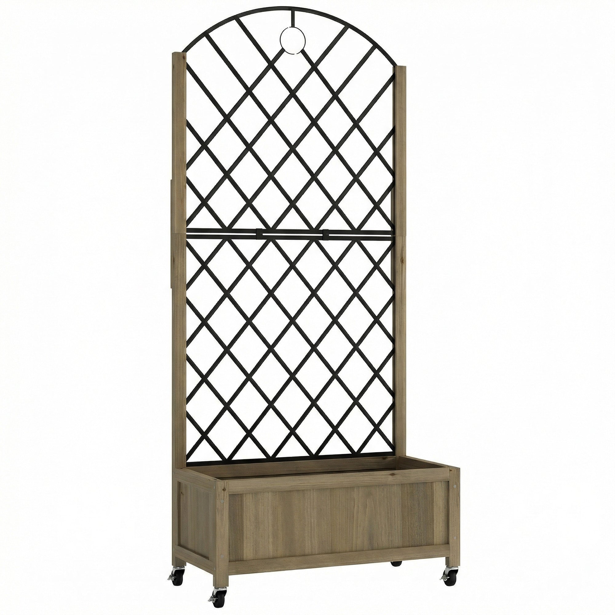 Outsunny Raised Garden Bed with Metal Trellis, Wooden Elevated Planter Box w/Lockable Wheels, Outdoor Raised Planter, Carbonised 