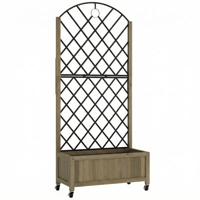 Outsunny Raised Garden Bed with Metal Trellis, Wooden Elevated Planter Box w/Lockable Wheels, Outdoor Raised Planter, Carbonised 