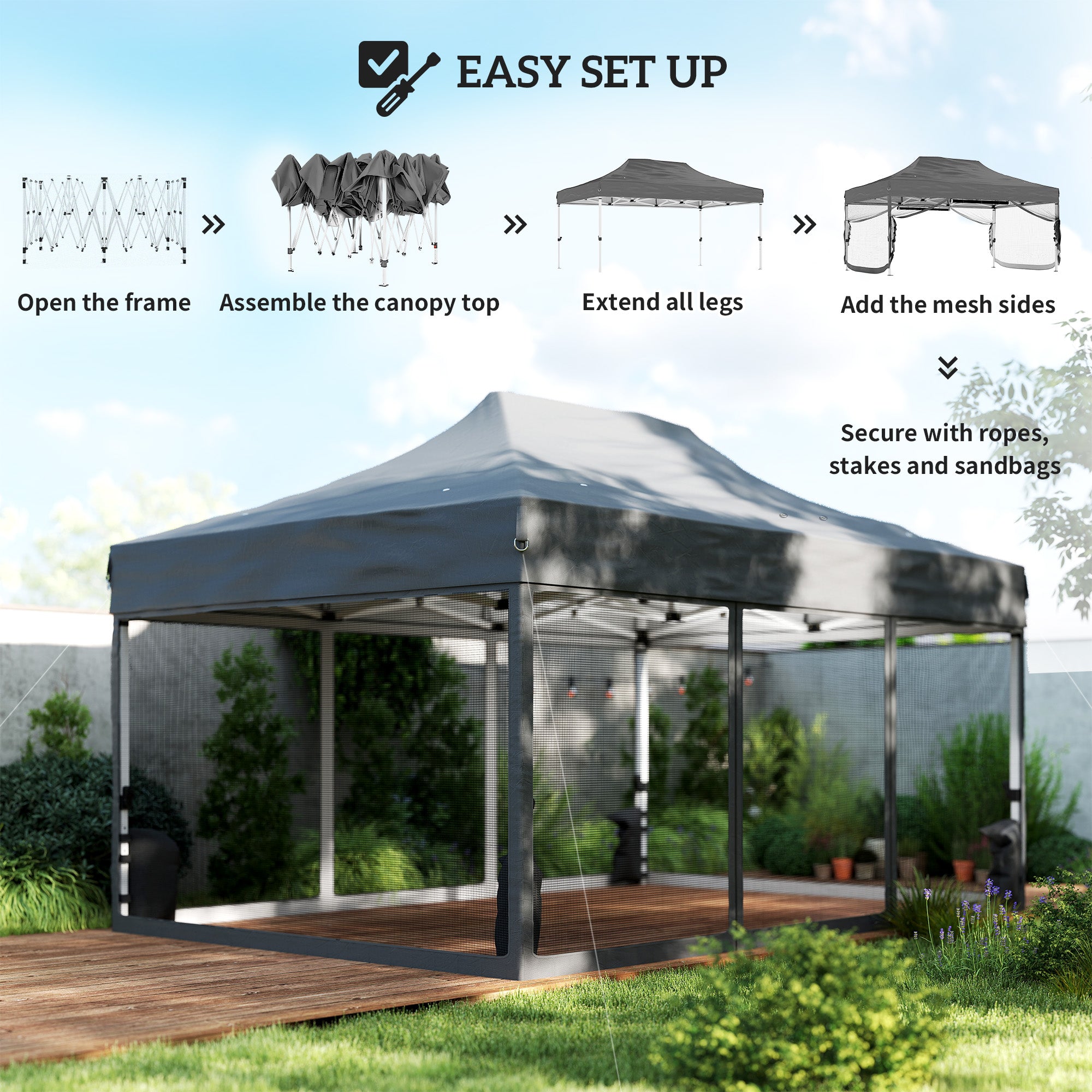 Outsunny 3 x 4.5 m Pop Up Gazebo with Mesh Nettings, UPF50+ Heavy Duty Outdoor Garden Party Tent Marquee, Dark Grey 